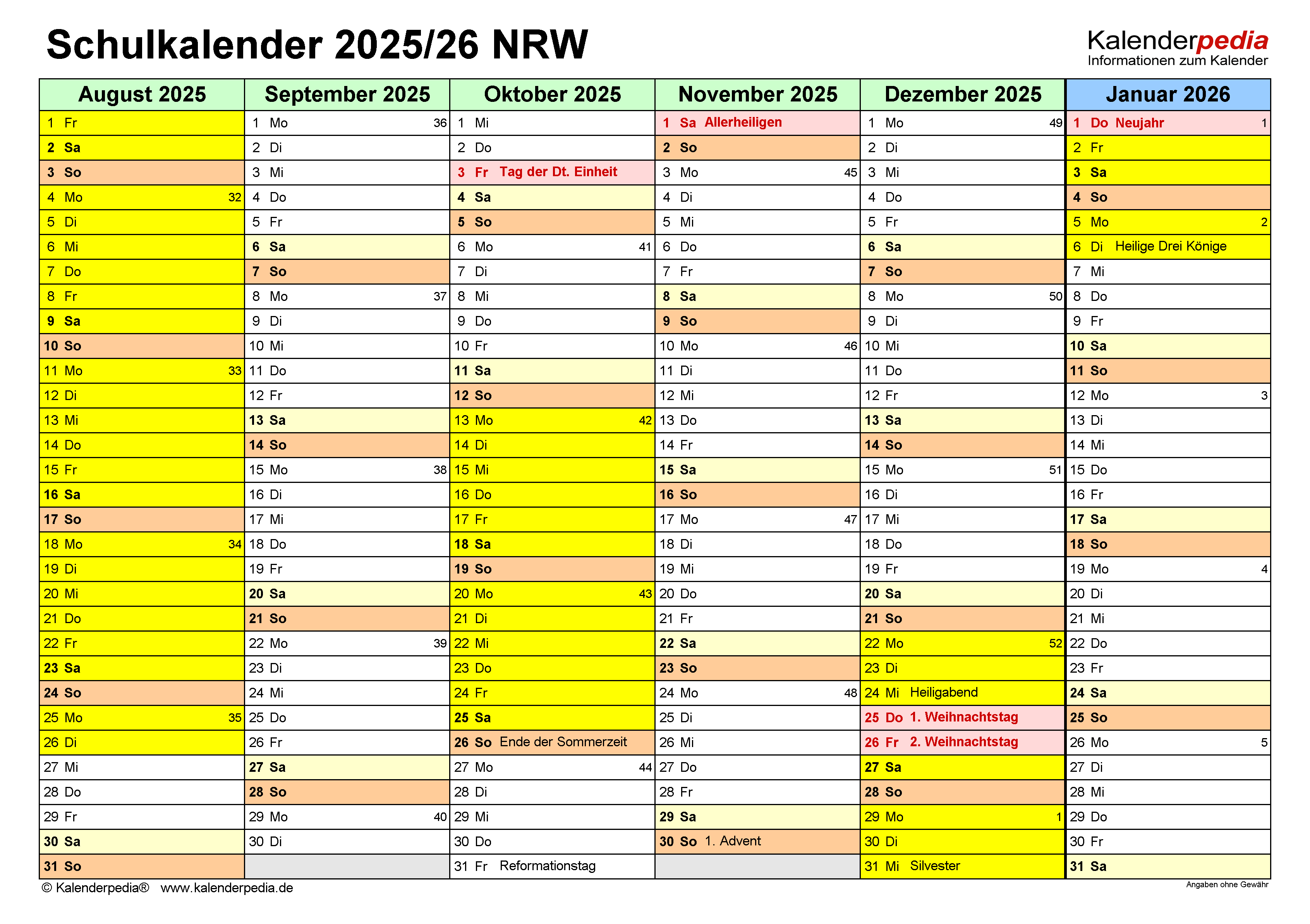 Schulkalender 2025/2026 NRW für PDF