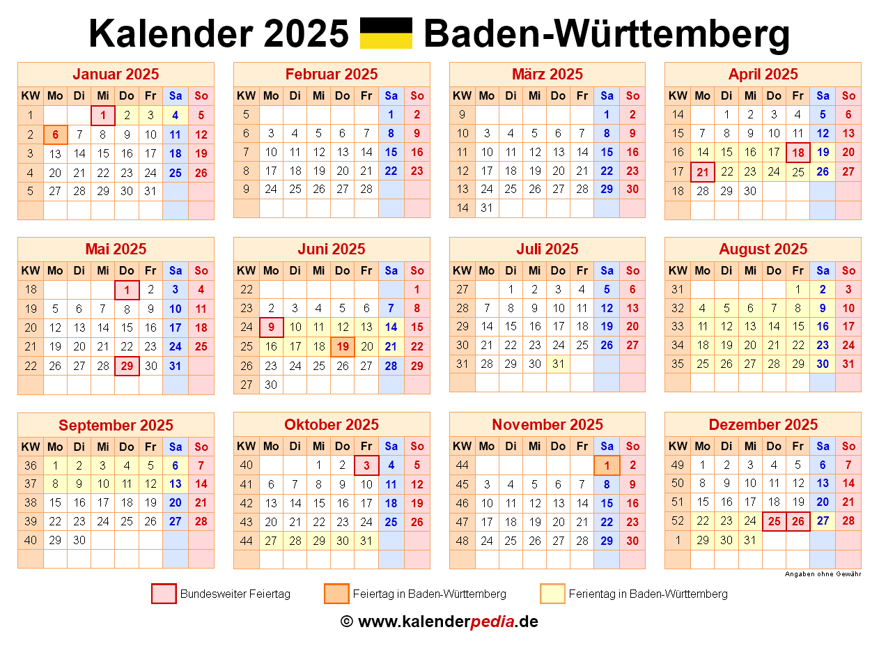 Kalender 2025 Baden-Württemberg: Ferien, Feiertage, PDF-Vorlagen