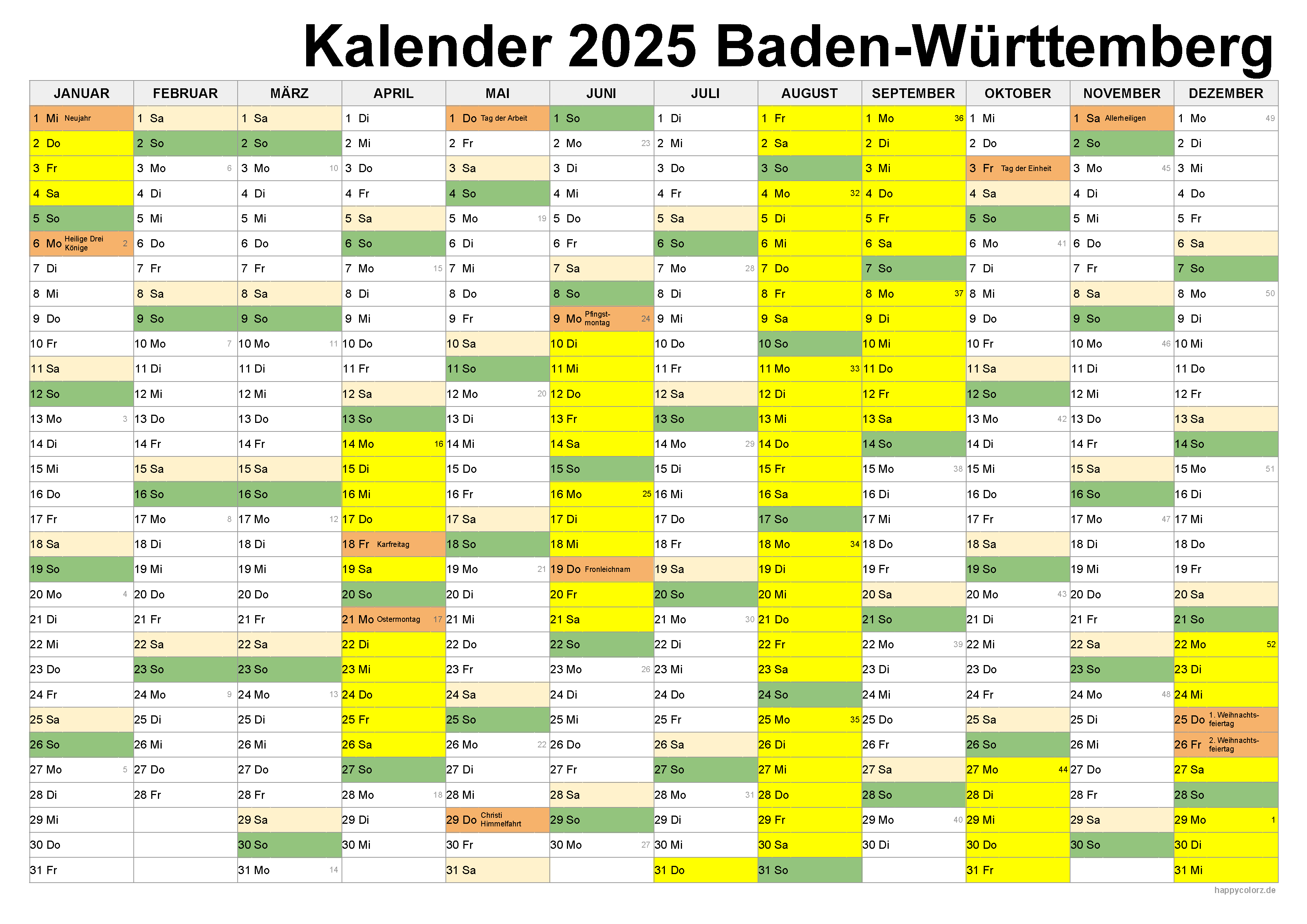 Kalender 2025 Baden-Württemberg kostenlos: Ferien-Übersicht, Feiertage