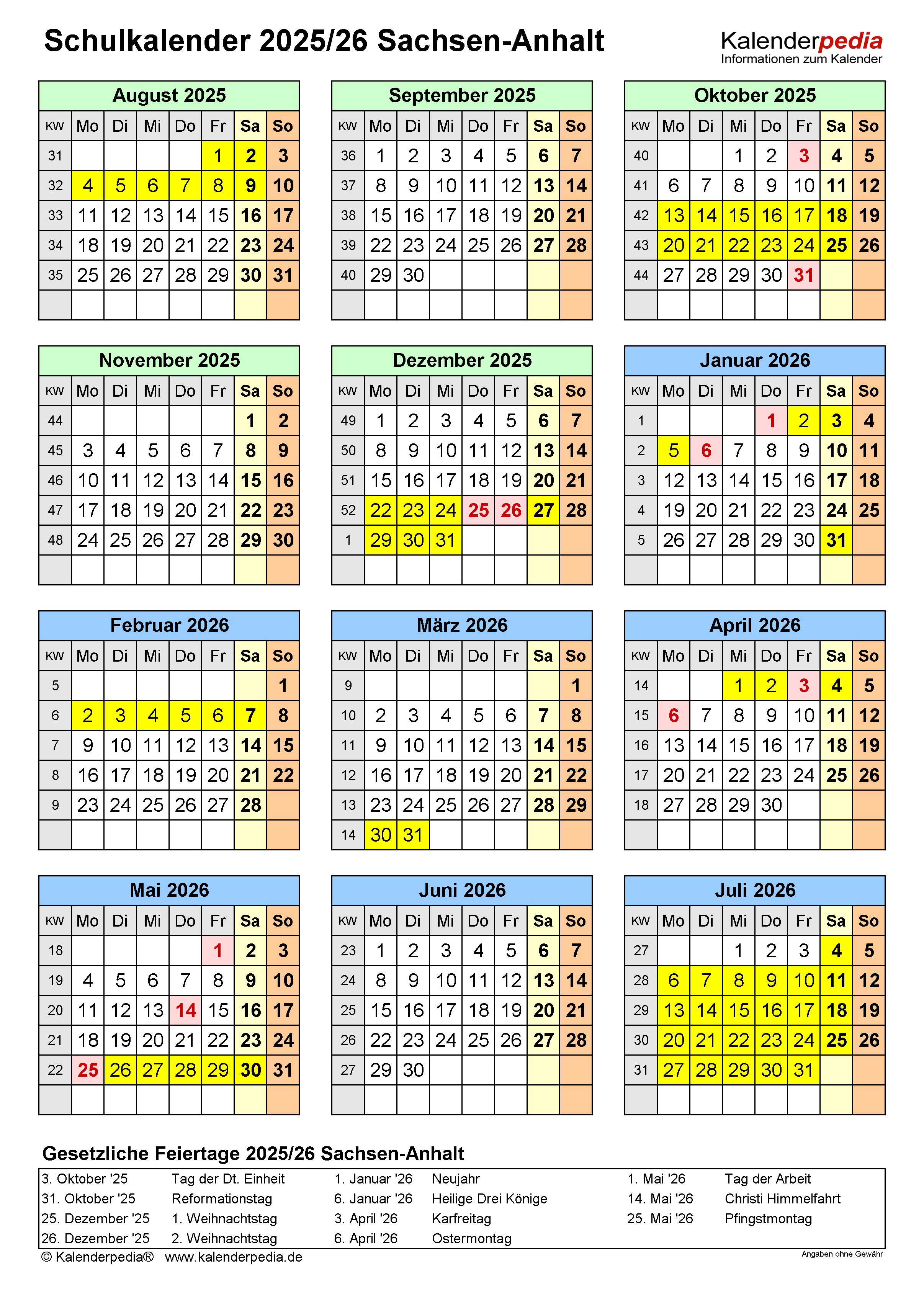 Schulkalender 2025/2026 Sachsen-Anhalt für PDF