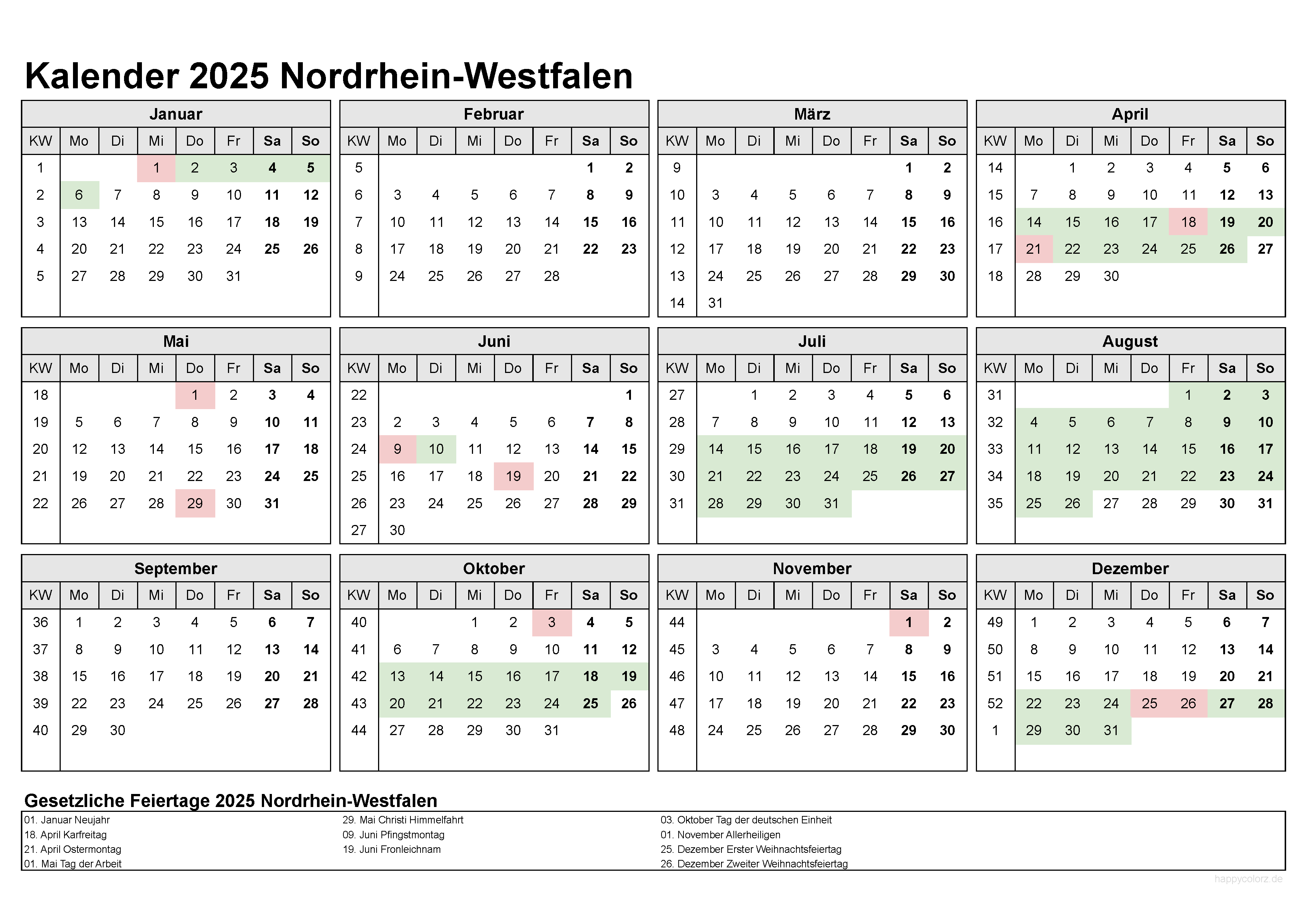 Kalender 2025 NRW kostenlos: Ferien-Übersicht, Feiertage, PDF-Vorlagen