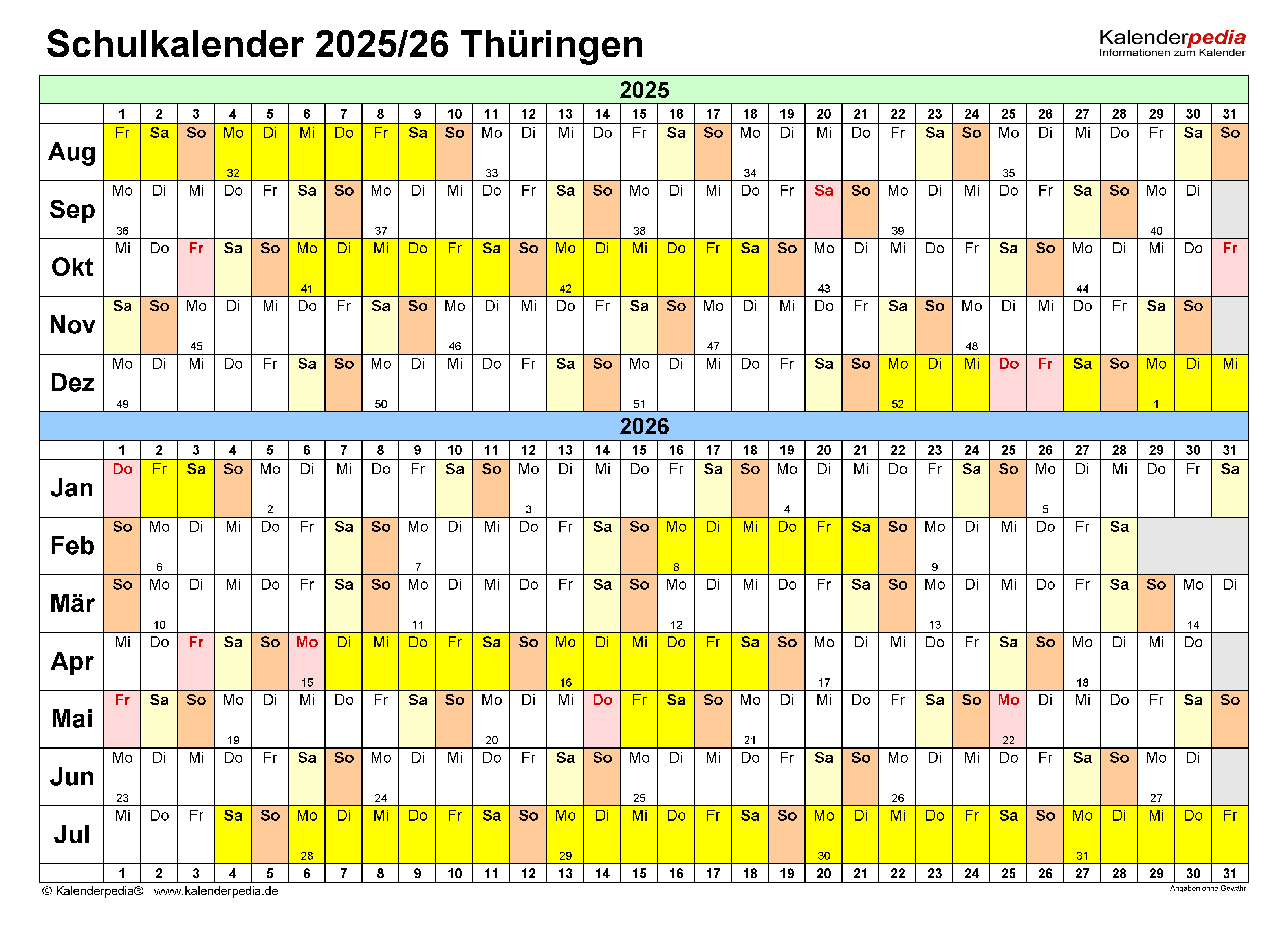 Schulkalender 2025/2026 Thüringen für Word