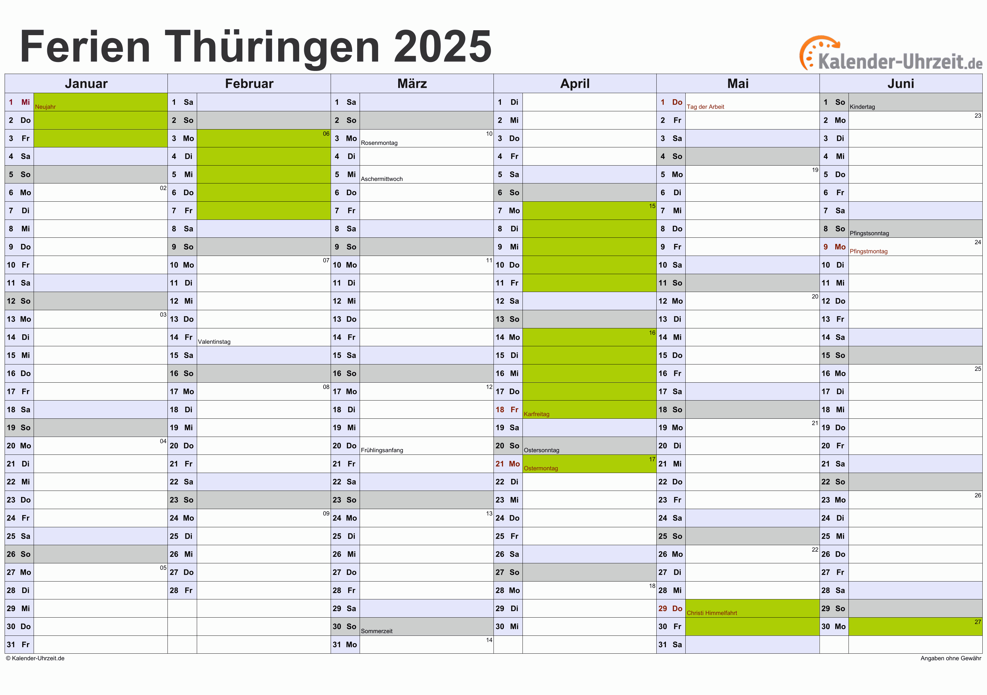 Ferien Thüringen 2025 - Ferienkalender zum Ausdrucken