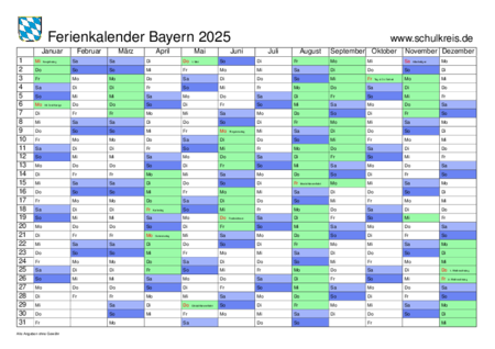 Schulferien-Kalender Bayern 2025 mit Feiertagen und Ferien