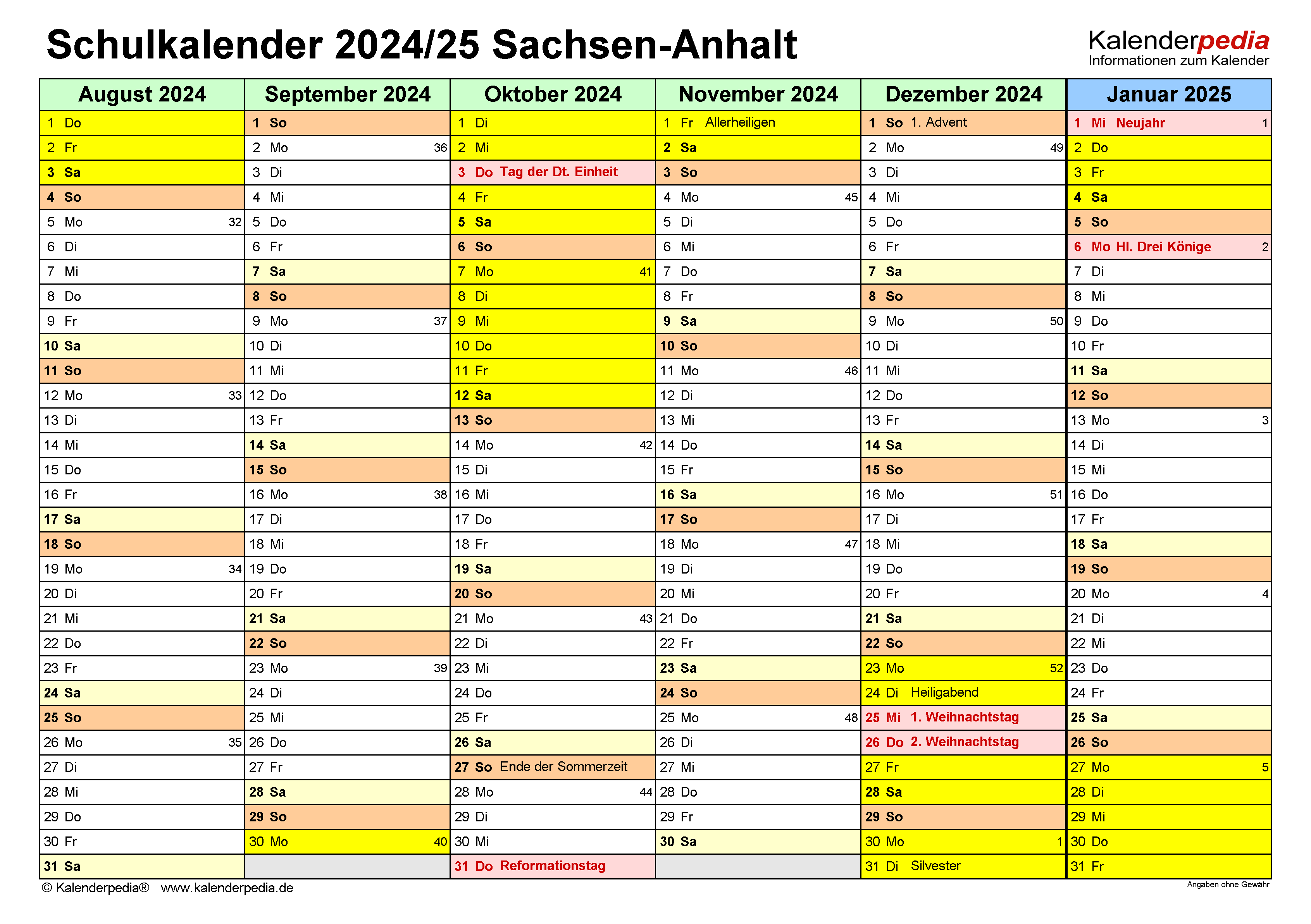 Schulkalender 2024/2025 Sachsen-Anhalt für PDF