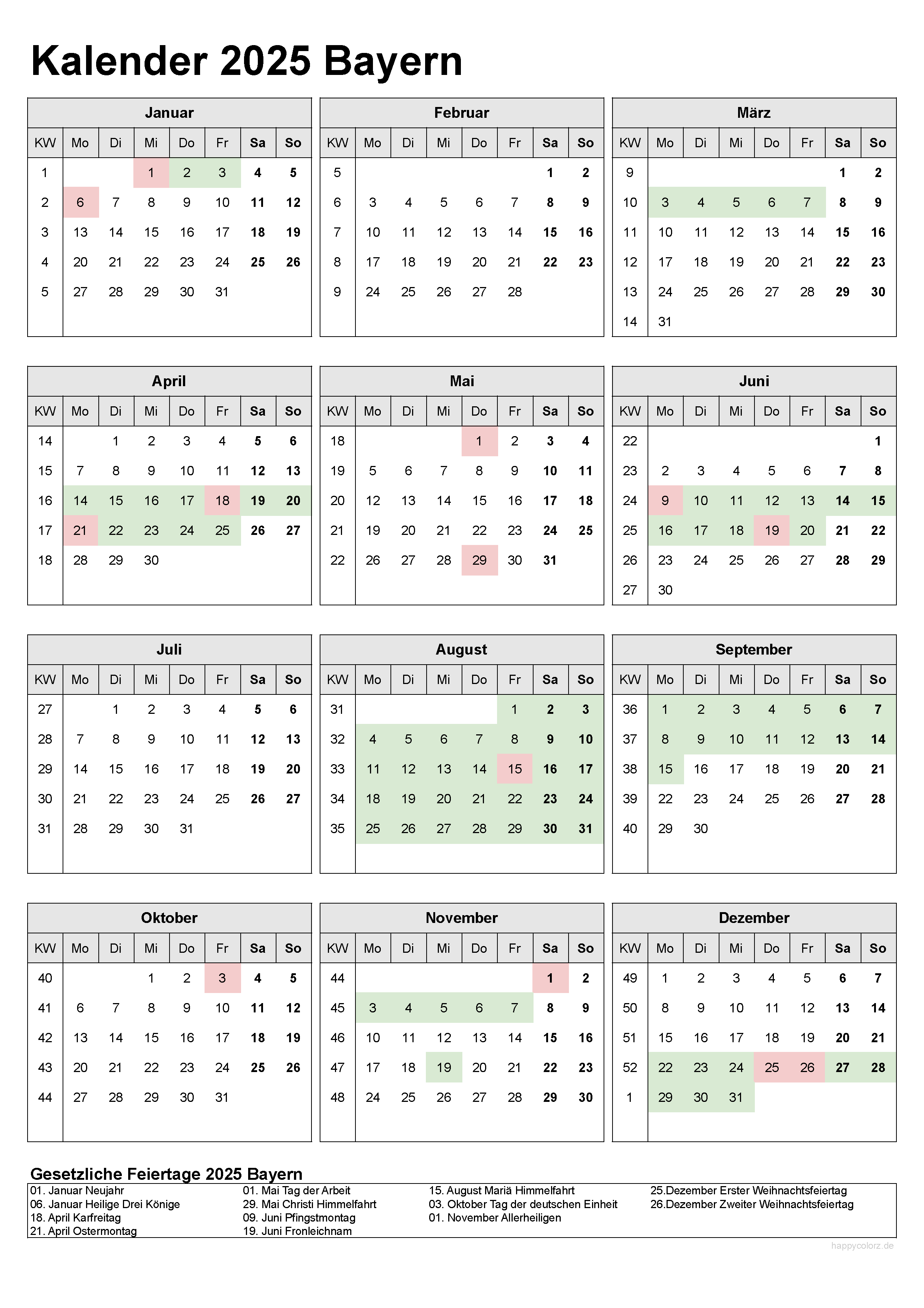 Kalender 2025 Bayern kostenlos: Ferien-Übersicht, Feiertage, PDF