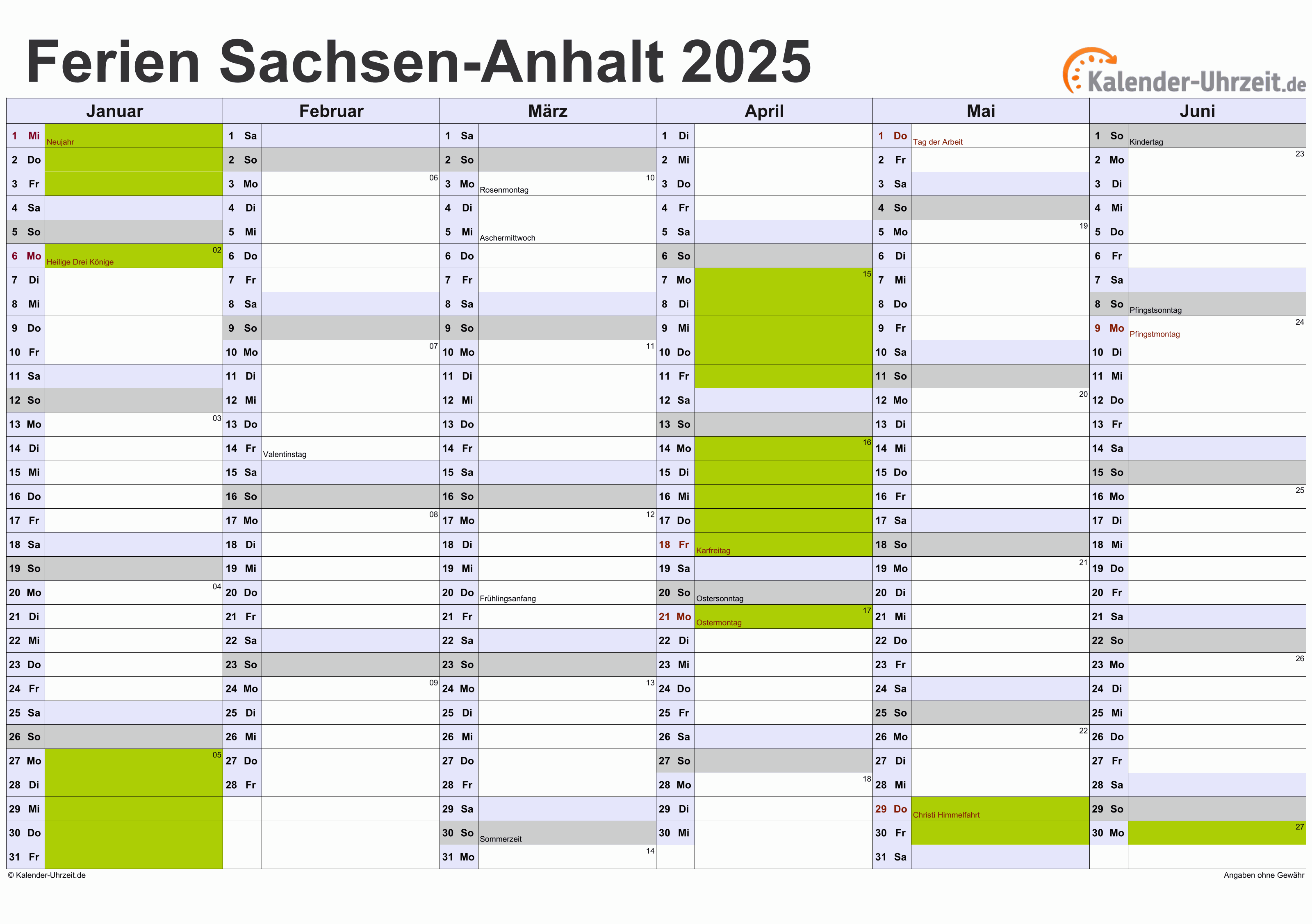 Ferien Sachsen-Anhalt 2025 - Ferienkalender zum Ausdrucken